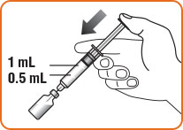 A hand holding the syringe above the vial with the needle still inside